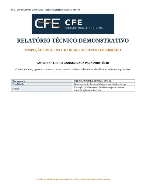 Página 1 de 6 do relatório civil de exemplo: capa com o logotipo da CFE, o título do relatório e o quadro de identificação do documento.