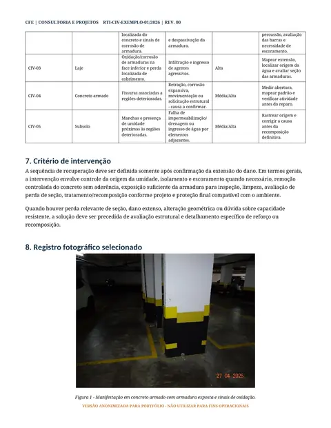 Página 3 de 6 do relatório civil de exemplo: continuação da matriz em tabela, o critério de intervenção e a primeira figura do registro fotográfico.