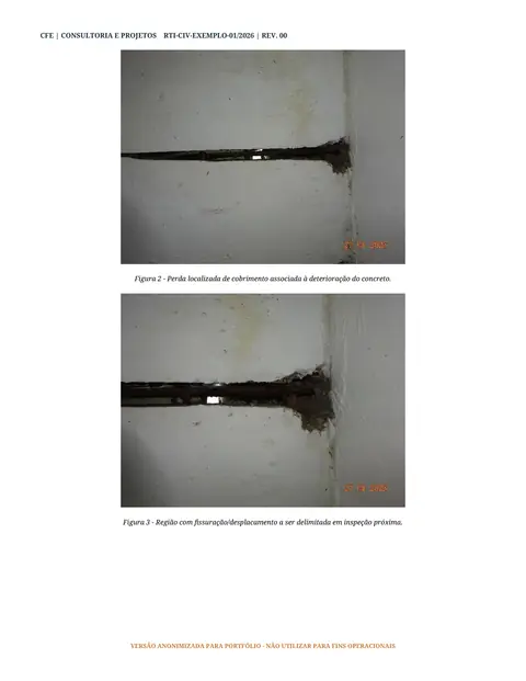Página 4 de 6 do relatório civil de exemplo: página de registro fotográfico, com duas figuras de elementos de concreto armado e as legendas correspondentes.
