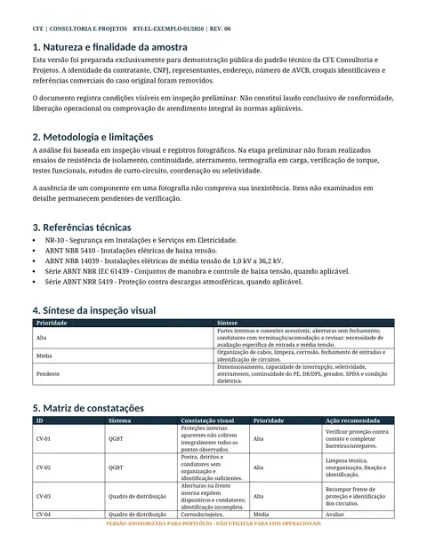 Página 2 de 7 do relatório elétrico de exemplo: página de texto com natureza da amostra, metodologia e limitações, referências normativas, a tabela de síntese e o início da matriz.