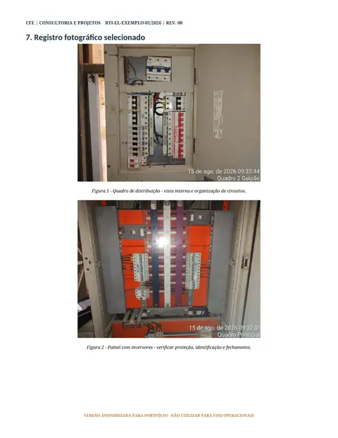 Página 4 de 7 do relatório elétrico de exemplo: página de registro fotográfico, com duas figuras de quadros elétricos e as legendas correspondentes.