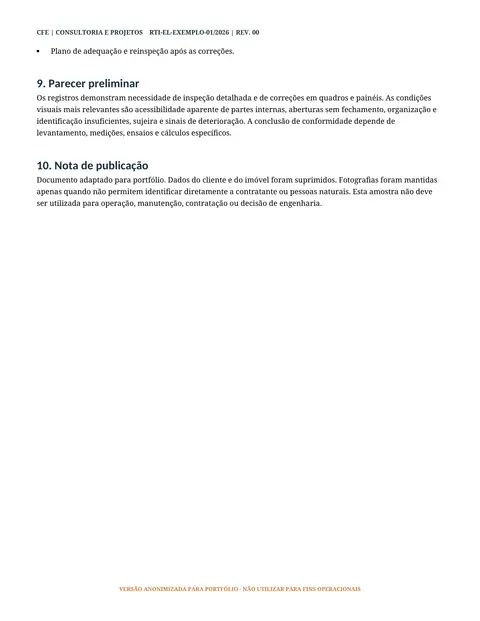Página 7 de 7 do relatório elétrico de exemplo: página final de texto, com o parecer preliminar e a nota de publicação.